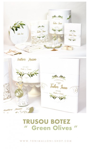 Trusou botez pentru baieti in alb si verde, tematica maslinul, Olives 3